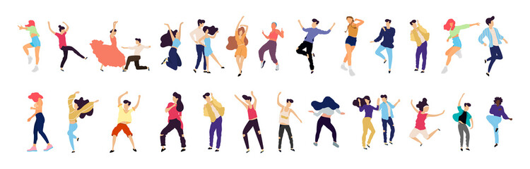 Crowd of young people dancing at club. Big set of characters having fun at party. Flat colorful vector illustration. - Vector