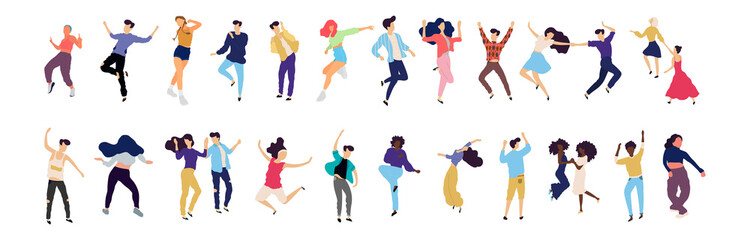 Crowd of young people dancing at club. Big set of characters having fun at party. Flat colorful vector illustration. - Vector