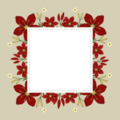 Floral greeting card and invitation template for wedding or birthday, Vector square shape of text box label and frame, Red cyrtanthus elatus flowers wreath ivy style with branch and leaves.