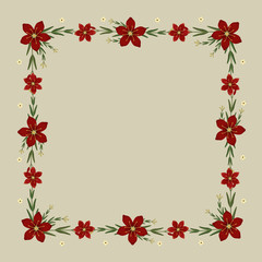 Floral greeting card and invitation template for wedding or birthday, Vector square shape of text box label and frame, Red cyrtanthus elatus flowers wreath ivy style with branch and leaves.