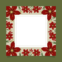 Fototapeta na wymiar Floral greeting card and invitation template for wedding or birthday, Vector square shape of text box label and frame, Red cyrtanthus elatus flowers wreath ivy style with branch and leaves.