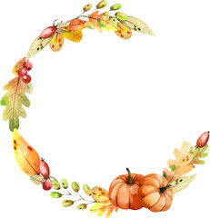 Watercolor Autumn Greeting Card. Watercolor autumn composition made of leaves and pumpkins. Thanksgiving card, round frame.
