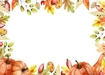 Watercolor frame made of autumn leaves and pumpkins on a white background. Decorative elements for Thanksgiving card and greeting card. Design autumn frame 