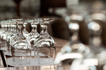 Empty wineglasses on a wooden table