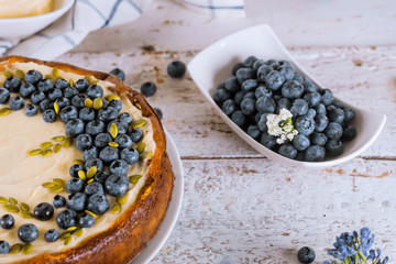 Blueberry cheesecake with blueberries and pumpkin seeds