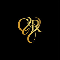 Initial letter C & R CR luxury art vector mark logo, gold color on black background.