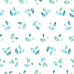 Messy bunch of leaves seamless pattern in white, blue and green with cool, fresh and clean look. Hand drawn leaves for fashion, textile, wrapping paper and wallpapers.