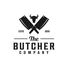Butcher logo with cleaver and cow's head silhouette