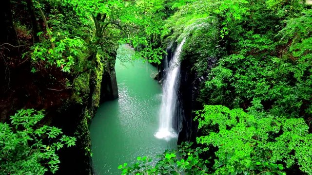 Scenic view of Manai Falls in Takachiho Gorge