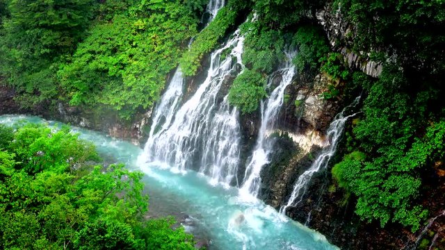 High angle view of Whitebeard Falls and Biei River, Japan