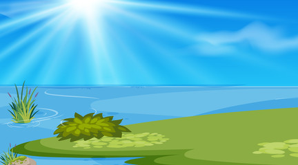 Background design of landscape with lake at day time