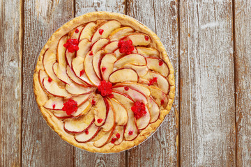 Homemade apple pie with sliced apples on the top