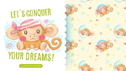 Cute pirate monkey drawing and pattern background