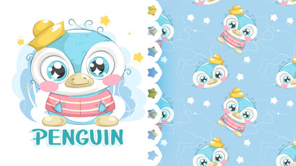 Cute penguin drawing with patterns background