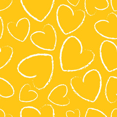 Seamless yellow and white grunge hand drawn hearts pattern vector