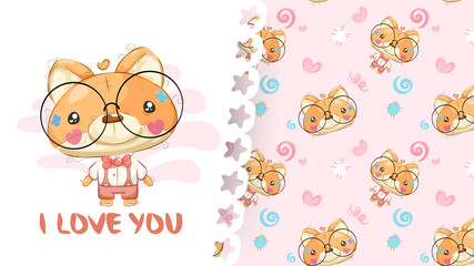 Beautiful drawing of teddy fox with pattern background