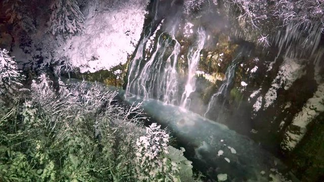 Illuminated Whitebeard Falls in winter