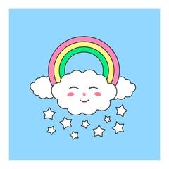 Cute character of a rainbow cloud with stars for the design of childrens wallpapers, patterns, clothes, prints, fabric. Vector character isolated on pastel blue background.