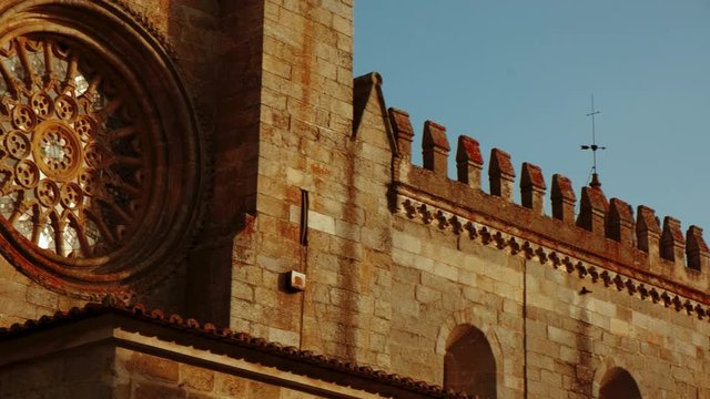 Close-up view of the Cathedral of Evora, Portugal, during sunset, one of the oldest and most important local monuments dating to 1746. Enclosed by medieval walls, Evora is a UNESCO World Heritage Site