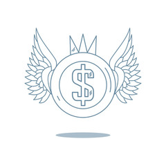 Line icon of a coin with wings and a crown, with US dollar sign.