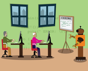 Artificial intelligence concept,Robot was  teaching the adult seniors  for coding in class - vector
