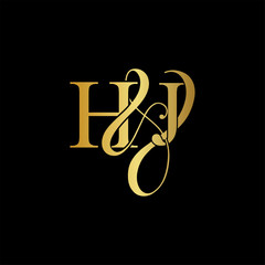 Initial letter H & J HJ luxury art vector mark logo, gold color on black background.