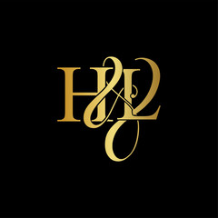 Initial letter H & L HL luxury art vector mark logo, gold color on black background.