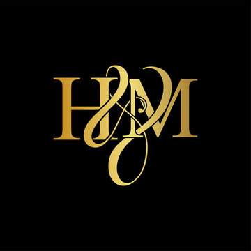 Initial letter H & M HM luxury art vector mark logo, gold color on black background.