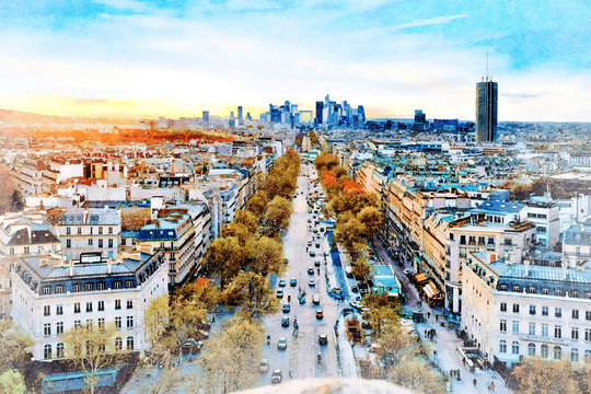 Beautiful Digital Watercolor Painting of Avenue Champs Elysees in Paris, France with La Defense Financial District in the background.