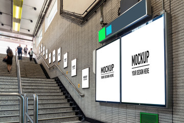 Blank billboard located in underground hall or subway for advertising, mockup concept, Low light...