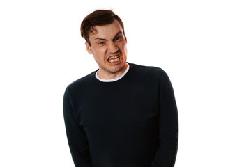 emotional portrait of a crazy man in close-up. concept: the nervous breakdown, mental disease, headaches and migraine. isolated on white background.