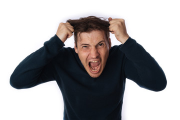 Naklejka premium emotional portrait of a crazy man in close-up. concept: the nervous breakdown, mental disease, headaches and migraine. isolated on white background.