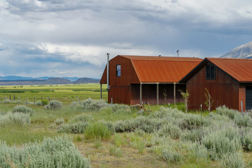 Obraz premium Red farm shed in a big grassland farm field with the mountain on the background. Eastern Sierra Mountains, Mono County, California, USA