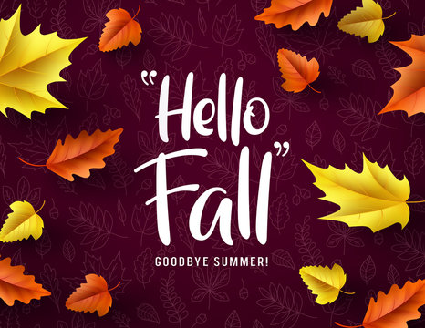 Hello fall vector typography. Hello fall greeting text with colorful maple and oak leaves fallen in red autumn pattern background. Vector illustration.