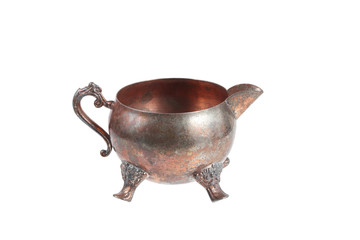 antique copper sauce pot isolated on white background