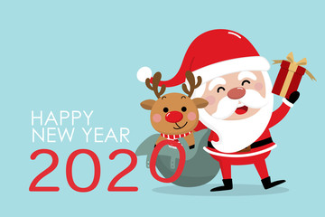 Merry Christmas and happy new year 2020 greeting card with cute Santa Claus and deer. Holiday cartoon character in winter season. -Vector.