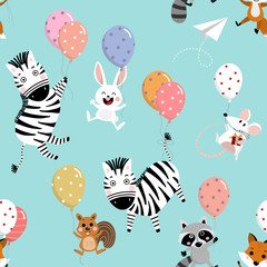 Happy mouse, rat, zebra, squirrel, raccoon, fox, rabbit and balloons seamless pattern © Dusida