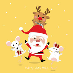 Merry Christmas greeting card with Santa Claus, deer, and mouse in red gift box. 2020 year of the rat. Cute animal holiday cartoon character vector.