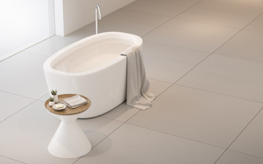 Top view of bathtub with side table and towel on sea view background,Modern interior design with large grey tiles. 3D rendering