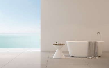 View of bathtub with side table and towel on sea view background,Modern interior design with timber and white wall. 3D rendering