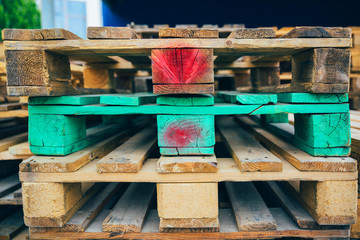 Close-up of wood manufacturing cargo transport pallet