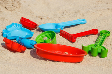 Children toys for playing on sand at beach. Vacation time concept