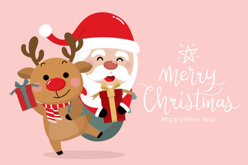 Merry Christmas and happy new year 2020 greeting card with cute Santa Claus and deer. Holiday cartoon character in winter season. -Vector.