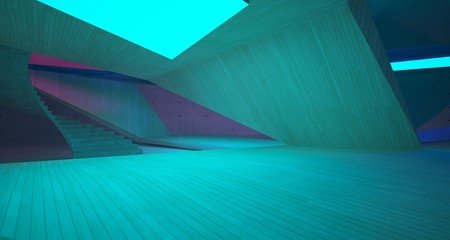 Abstract architectural concrete and wood interior of a minimalist house with color gradient neon lighting. 3D illustration and rendering.