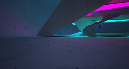 Abstract architectural concrete and wood interior of a minimalist house with color gradient neon lighting. 3D illustration and rendering.