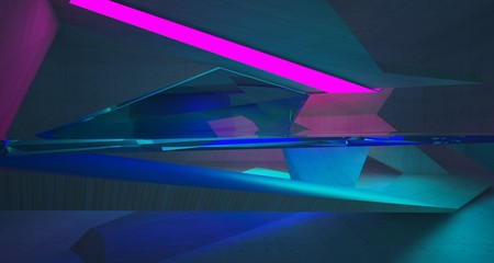 Abstract architectural concrete and wood interior of a minimalist house with color gradient neon lighting. 3D illustration and rendering.