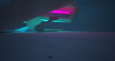 Abstract architectural concrete and wood interior of a minimalist house with color gradient neon lighting. 3D illustration and rendering.