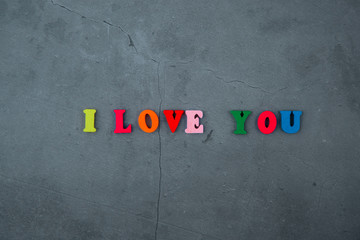 Fototapeta na wymiar The multicolored I love you word is made of wooden letters on a grey plastered wall background.