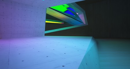 Abstract architectural concrete and wood interior of a minimalist house with color gradient neon lighting. 3D illustration and rendering.