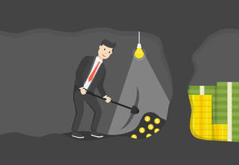 Businessman digging and mining to find treasure. Business concept. Flat cartoon style. Vector illustration.